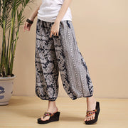 Buddha Stones Summer Blue And White Geometric Stripes Linen Pants With Pockets Women's Pants BS 15