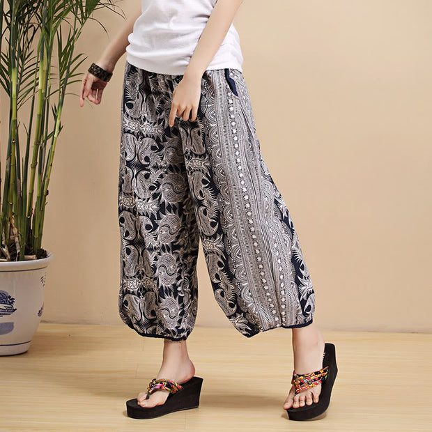 Buddha Stones Summer Blue And White Geometric Stripes Linen Pants With Pockets Women's Pants BS 15