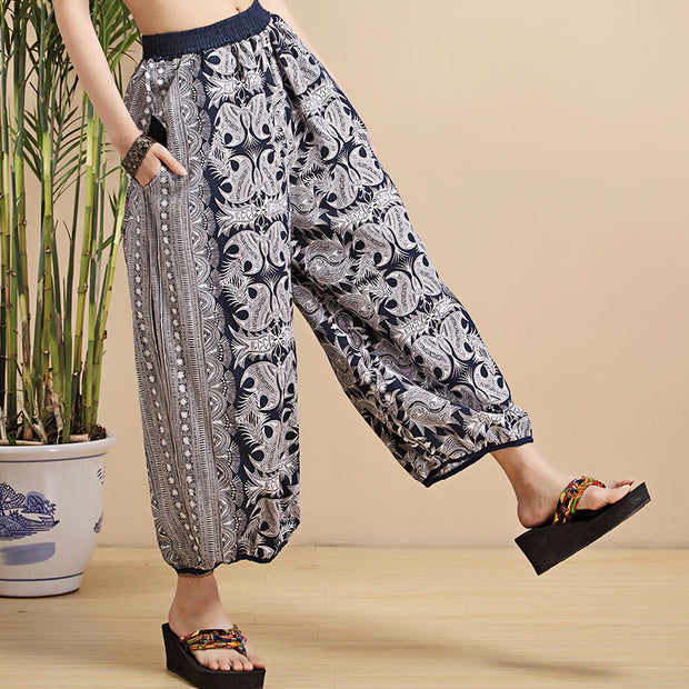 Buddha Stones Summer Blue And White Geometric Stripes Linen Pants With Pockets Women's Pants BS 13