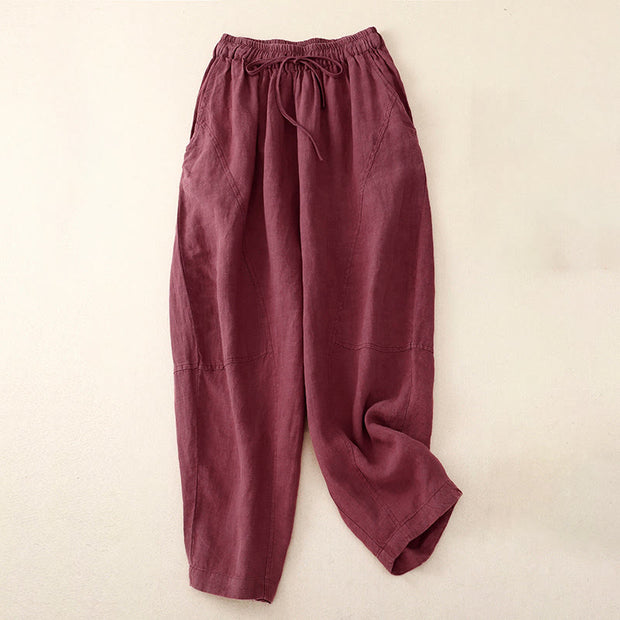 Buddha Stones Summer Women's Linen Drawstring Elastic Waist Harem Pants With Pockets Women's Harem Pants BS PaleVioletRed 2XL(Fit for US8-10; UK/AU12-14; EU40-42)