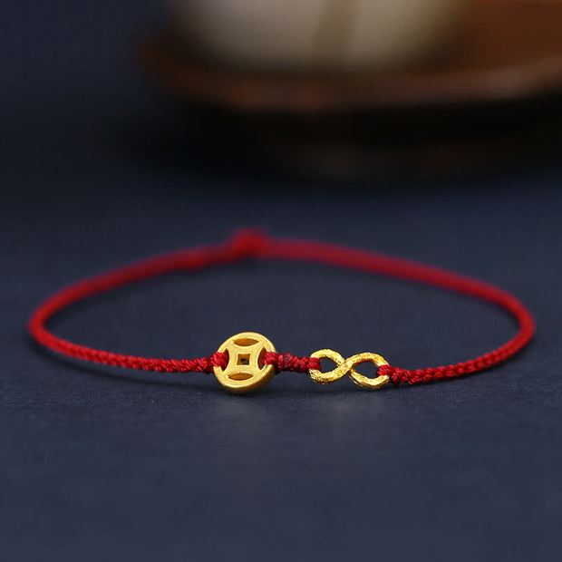 Buddha Stones 999 Gold Mobius Infinite Love Fu Character Copper Coin Protection Handmade Ultra-Thin Rope Bracelet Bracelet BS Mobius Copper Coin 23cm