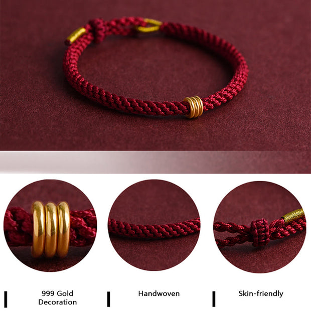 Buddha Stones 999 Gold Triple Ring Design Handmade Connection Braided Rope Bracelet Bracelet BS 7