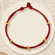 Buddha Stones 999 Gold Wish Knot Design Handmade Luck Braided Rope Bracelet Bracelet BS Five Beads(Gold About 0.5g) 21cm