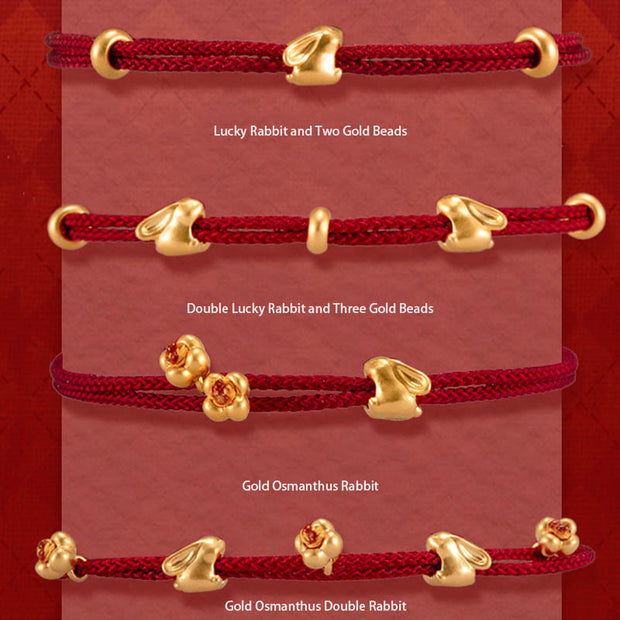 Buddha Stones 999 Gold Small Lucky Rabbit Osmanthus Design Handmade Luck Braided Rope Bracelet Bracelet BS 1