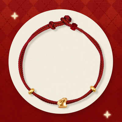 Buddha Stones 999 Gold Small Lucky Rabbit Osmanthus Design Handmade Luck Braided Rope Bracelet Bracelet BS Lucky Rabbit and Two Gold Beads(Gold About 0.31g) 21cm