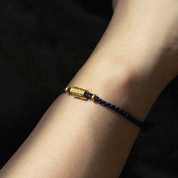 Buddha Stones 999 Gold Good Luck Amulet Carved Design Handmade Strength Braided Rope Bracelet Bracelet BS Navy Blue(Gold About 0.68g) 21cm