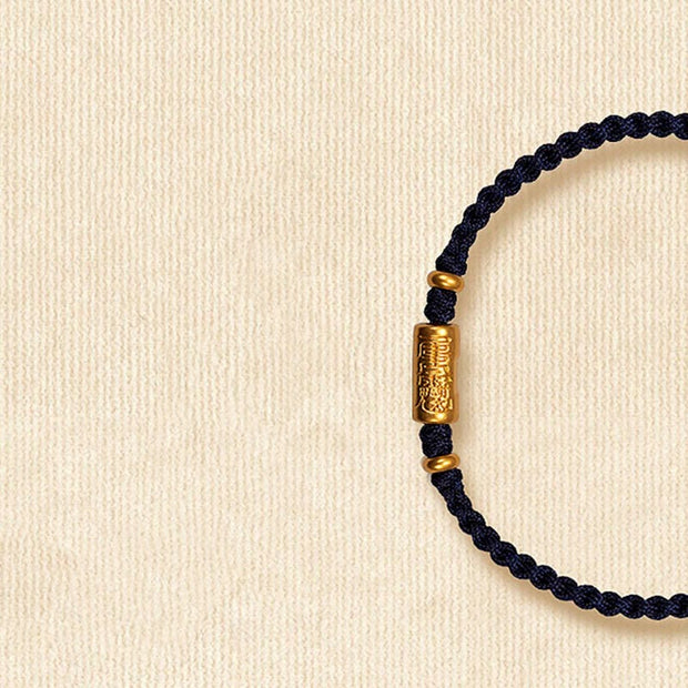 Buddha Stones 999 Gold Good Luck Amulet Carved Design Handmade Strength Braided Rope Bracelet Bracelet BS Black(Gold About 0.68g) 21cm