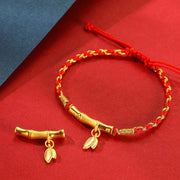 Buddha Stones 999 Gold Bamboo Leaf Design Handmade Protection Braided Rope Bracelet Bracelet BS Red Rope Small Bamboo Leaf(Gold About 0.95g) 21cm