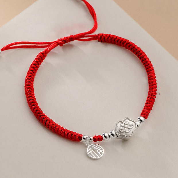 Buddha Stones Handmade 925 Sterling Silver Fu Character Auspicious Clouds Blessing Braided Rope Bracelet Bracelet BS 2