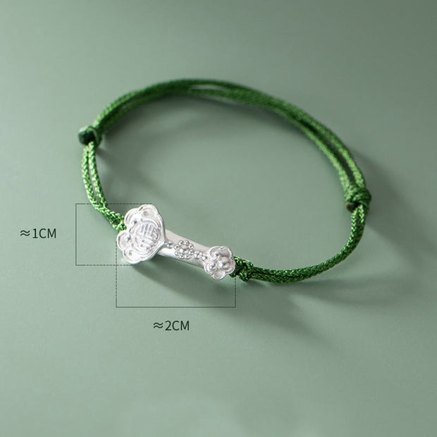 Buddha Stones Handmade 999 Sterling Silver Fu Character Wish Ruyi Handle Luck Braided Green Rope Bracelet Bracelet BS 4