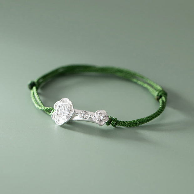 Buddha Stones Handmade 999 Sterling Silver Fu Character Wish Ruyi Handle Luck Braided Green Rope Bracelet Bracelet BS Fu Character(Wrist Circumference 14-18cm)