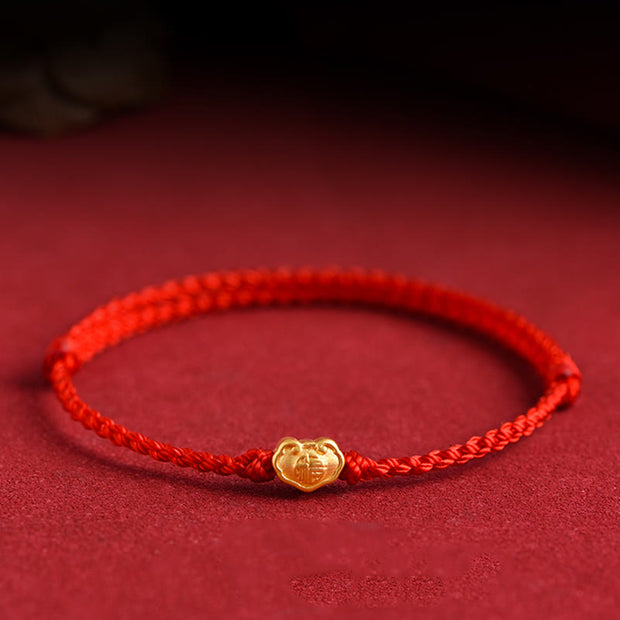 Buddha Stones 999 Gold Chinese Lock Charm Fu Character Protection Handmade Rope Bracelet (Extra 30% Off | USE CODE: FS30) - Red - Baby Version Fit For 0-4 Years Old(Wrist Circumference 12-18cm) - image 0