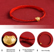 Buddha Stones 999 Gold Chinese Lock Charm Fu Character Protection Handmade Rope Bracelet Bracelet BS 4