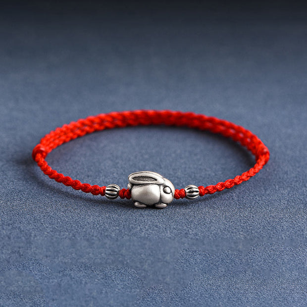 Buddha Stones Handmade 999 Sterling Silver Rabbit Luck Rope Bracelet Anklet Bracelet Anklet BS Large Rabbit Anklet(Circumference 18-30cm) Red