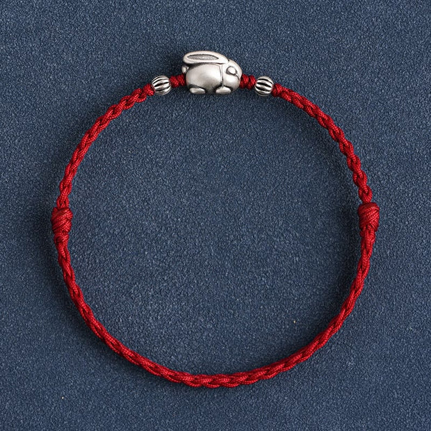 Buddha Stones Handmade 999 Sterling Silver Rabbit Luck Rope Bracelet Anklet Bracelet Anklet BS Large Rabbit Anklet(Circumference 18-30cm) Dark Red