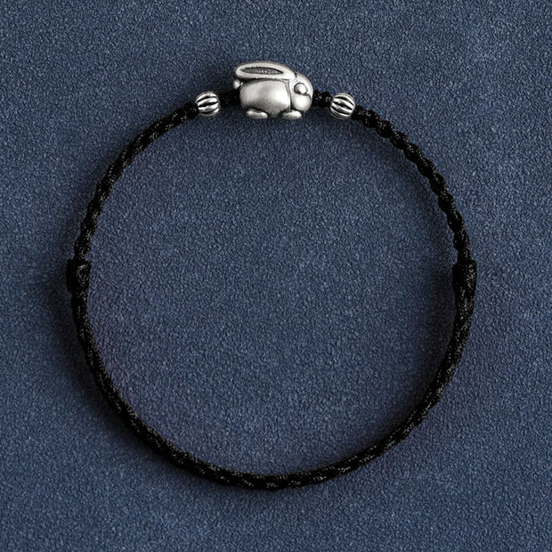 Buddha Stones Handmade 999 Sterling Silver Rabbit Luck Rope Bracelet Anklet Bracelet Anklet BS Large Rabbit Anklet(Circumference 18-30cm) Black