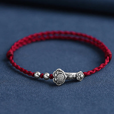 Buddha Stones Handmade 999 Sterling Silver Fu Character Wish Ruyi Handle Fortune Rope Bracelet Anklet Bracelet Anklet BS Anklet(Circumference 18-30cm) Dark Red