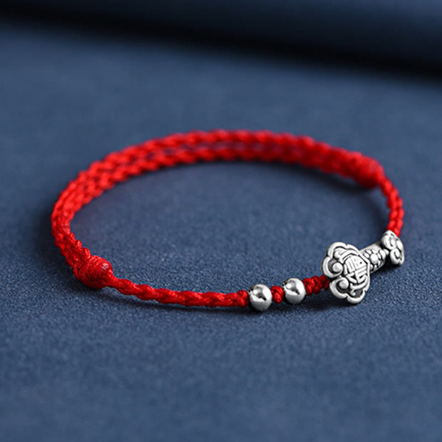 Buddha Stones Handmade 999 Sterling Silver Fu Character Wish Ruyi Handle Fortune Rope Bracelet Anklet Bracelet Anklet BS 12