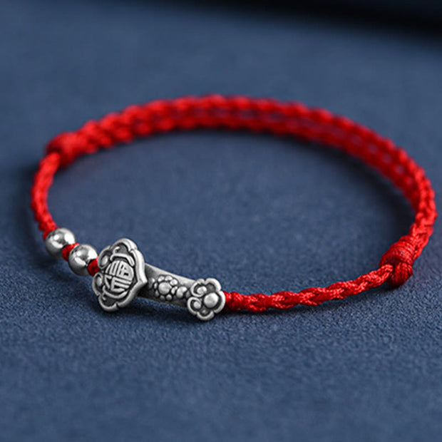 Buddha Stones Handmade 999 Sterling Silver Fu Character Wish Ruyi Handle Fortune Rope Bracelet Anklet Bracelet Anklet BS 11