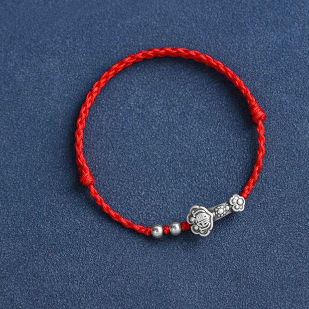 Buddha Stones Handmade 999 Sterling Silver Fu Character Wish Ruyi Handle Fortune Rope Bracelet Anklet Bracelet Anklet BS 15