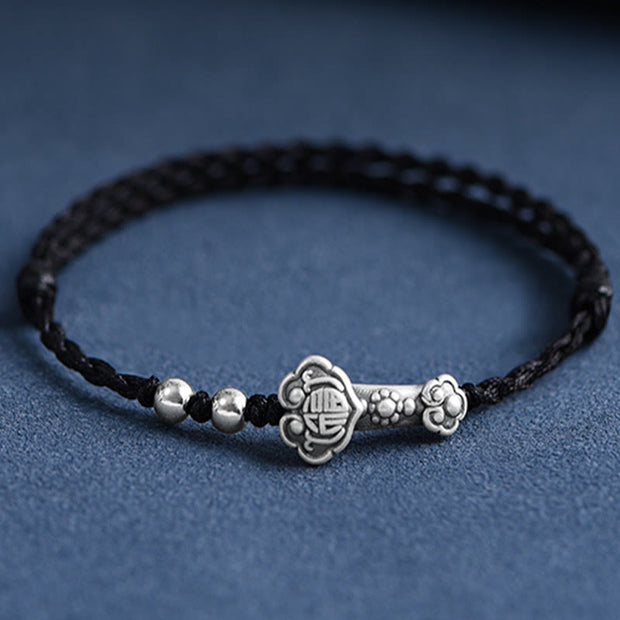 Buddha Stones Handmade 999 Sterling Silver Fu Character Wish Ruyi Handle Fortune Rope Bracelet Anklet Bracelet Anklet BS Anklet(Circumference 18-30cm) Black