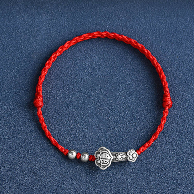 Buddha Stones Handmade 999 Sterling Silver Fu Character Wish Ruyi Handle Fortune Rope Bracelet Anklet Bracelet Anklet BS 10