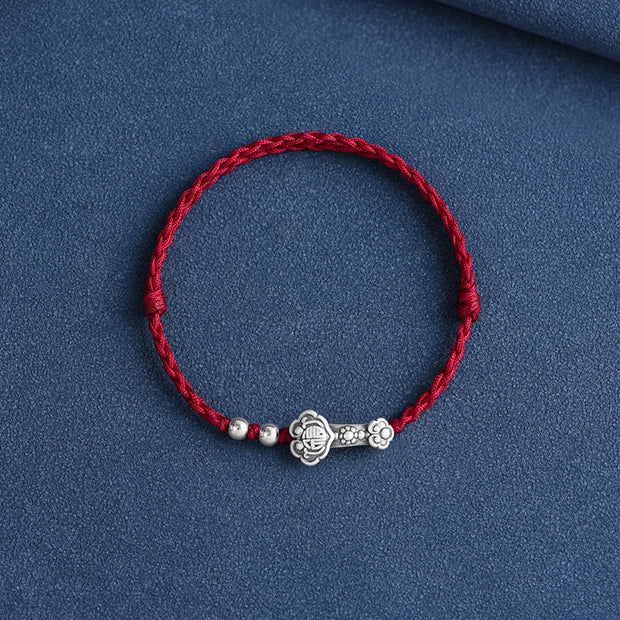 Buddha Stones Handmade 999 Sterling Silver Fu Character Wish Ruyi Handle Fortune Rope Bracelet Anklet Bracelet Anklet BS 2