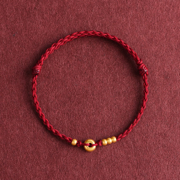 Buddha Stones 999 Gold Small Peace Buckle Design Handmade Luck Braided Rope Bracelet Anklet Bracelet BS Anklet(Circumference 18-30cm) Dark Red