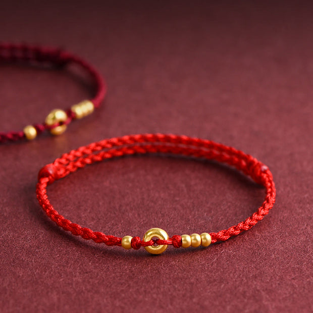 Buddha Stones 999 Gold Small Peace Buckle Design Handmade Luck Braided Rope Bracelet Anklet Bracelet BS Anklet(Circumference 18-30cm) Red