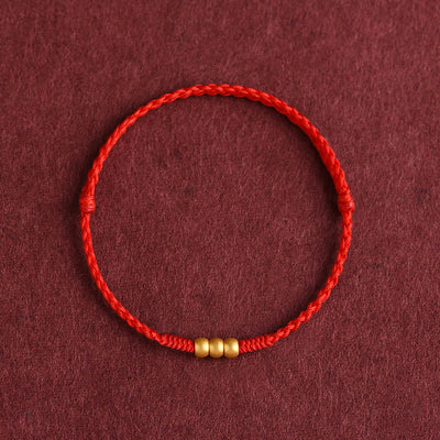 Buddha Stones 999 Gold Mini Three Beads Design Handmade Luck Rope Bracelet Anklet Bracelet BS Anklet(Circumference 18-30cm) Red