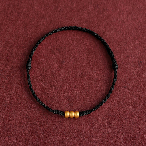 Buddha Stones 999 Gold Mini Three Beads Design Handmade Luck Rope Bracelet Anklet Bracelet BS Anklet(Circumference 18-30cm) Black