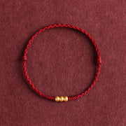 Buddha Stones 999 Gold Mini Three Beads Design Handmade Luck Rope Bracelet Anklet Bracelet BS Anklet(Circumference 18-30cm) Dark Red