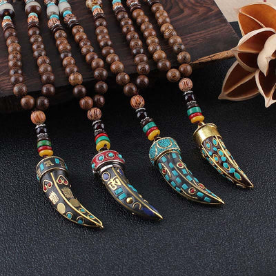 Buddha Stones Tibet Wenge Wood Om Mani Padme Hum OM Symbol Mantra Horn Pattern Protection Necklace Pendant Necklaces & Pendants BS main