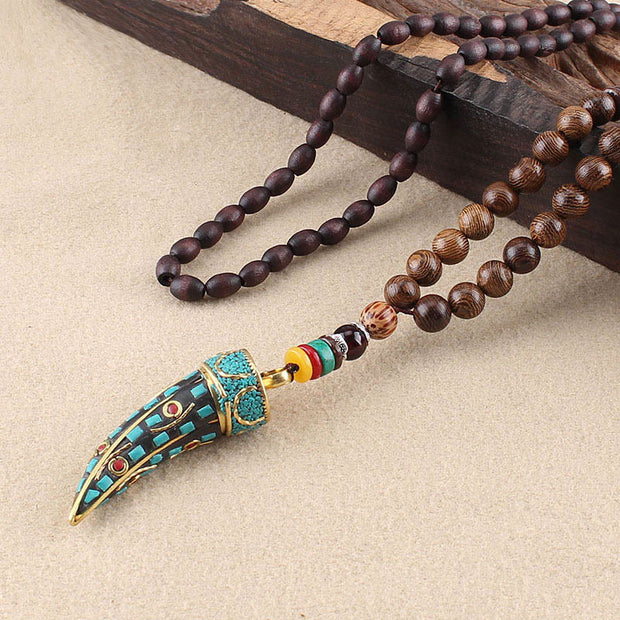 Buddha Stones Tibet Wenge Wood Om Mani Padme Hum OM Symbol Mantra Horn Pattern Protection Necklace Pendant Necklaces & Pendants BS Wenge Wood&Turquoise