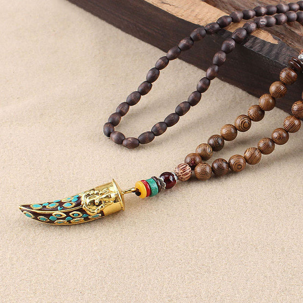 Buddha Stones Tibet Wenge Wood Om Mani Padme Hum OM Symbol Mantra Horn Pattern Protection Necklace Pendant Necklaces & Pendants BS Wenge Wood&Golden Horn