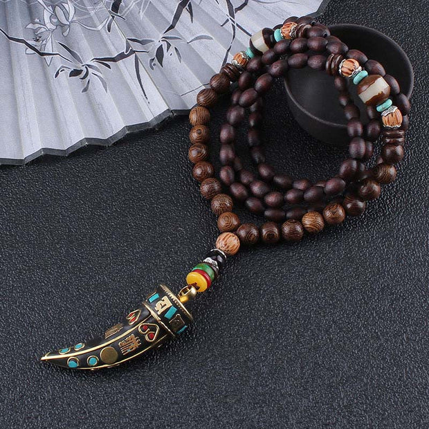 Buddha Stones Tibet Wenge Wood Om Mani Padme Hum OM Symbol Mantra Horn Pattern Protection Necklace Pendant Necklaces & Pendants BS 3