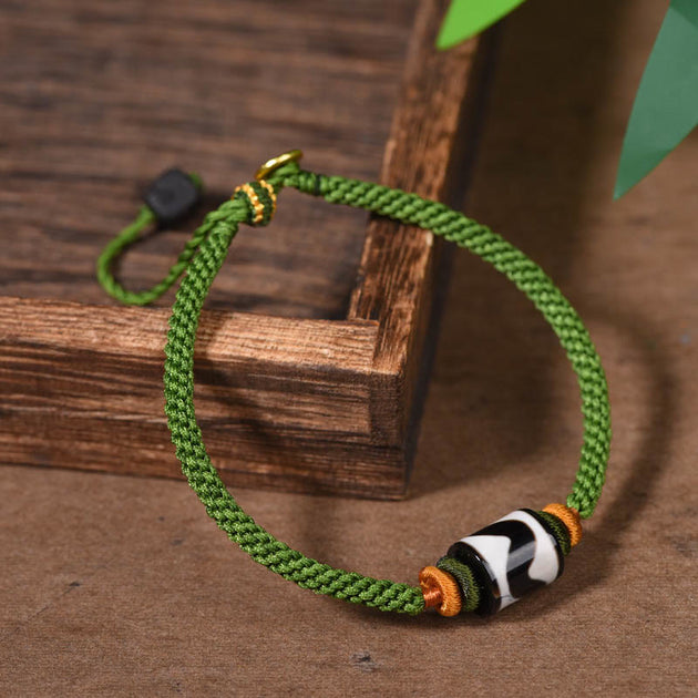 Anklet (bracelet De Cheville) Artisanal En Cire Noire Et Perle DZI En Agate - Longueur Réglable 10 à 13.5 Pouces