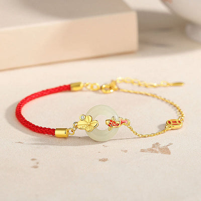 Buddha Stones Handmade 925 Sterling Silver Hetian Jade Chinese Goldfish Peace Buckle Red Rope Bracelet Bracelet BS Jade(Wrist Circumference: 14-17cm)