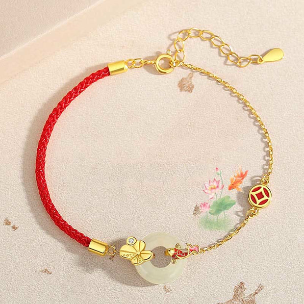 Buddha Stones Handmade 925 Sterling Silver Hetian Jade Chinese Goldfish Peace Buckle Red Rope Bracelet Bracelet BS 1