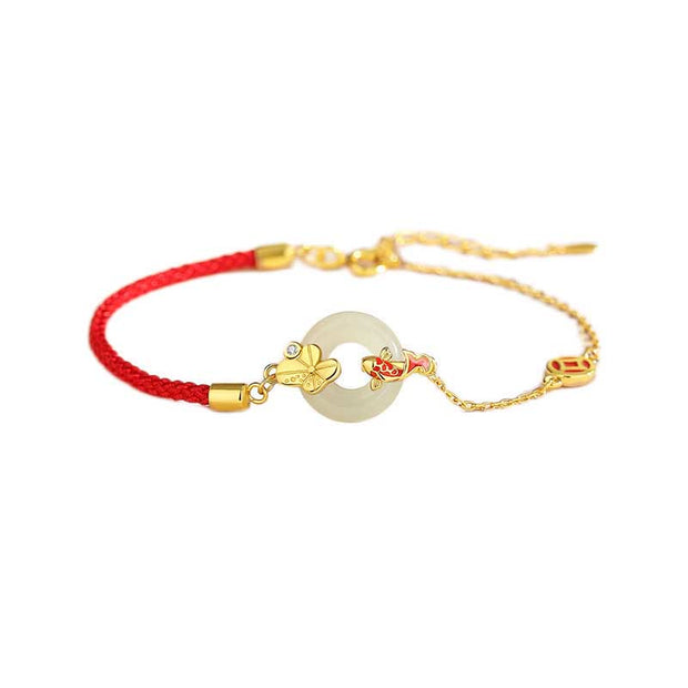 Buddha Stones Handmade 925 Sterling Silver Hetian Jade Chinese Goldfish Peace Buckle Red Rope Bracelet Bracelet BS 12