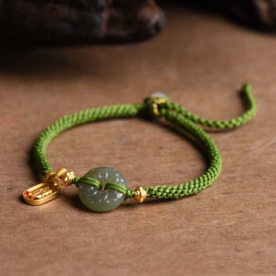 Buddha Stones Green Jade Peace Buckle Green Rope Bracelet Bracelet BS Hetian Jade(Wrist Circumference: 14-17cm)