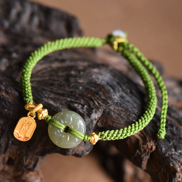 Buddha Stones Green Jade Peace Buckle Green Rope Bracelet Bracelet BS 2