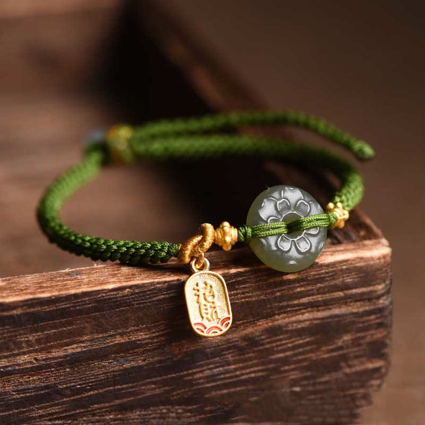 Buddha Stones Green Jade Peace Buckle Green Rope Bracelet Bracelet BS 1