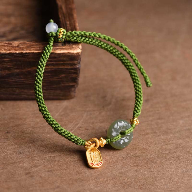 Buddha Stones Green Jade Peace Buckle Green Rope Bracelet Bracelet BS 8