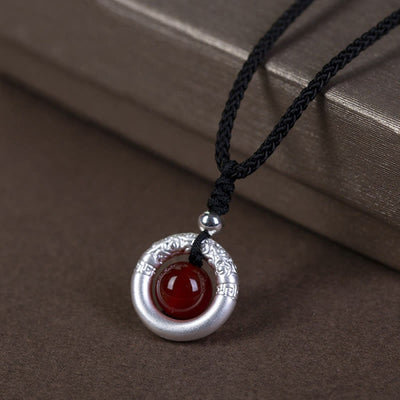 Buddha Stones 999 Sterling Silver Red Agate Peace Buckle Blessing Necklace Pendant