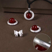 Buddha Stones 999 Sterling Silver Red Agate Peace Buckle Blessing Necklace Pendant