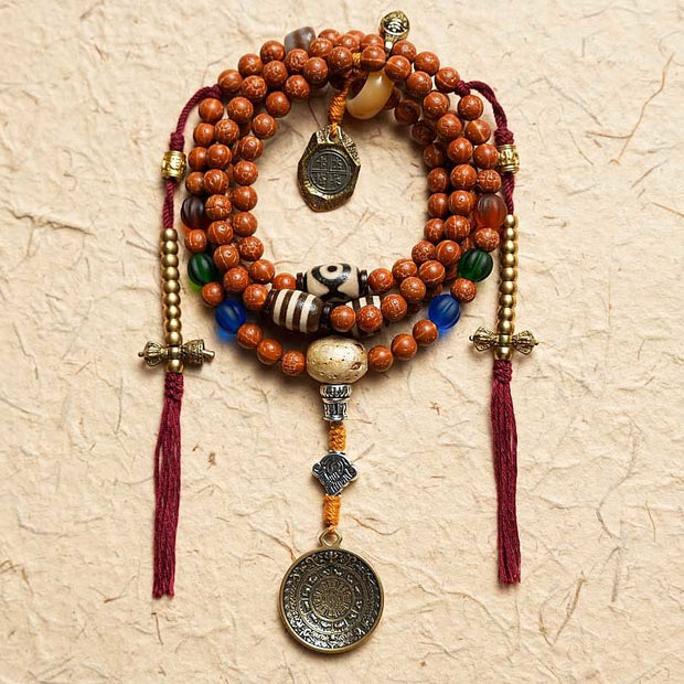 Buddha Stones Tibet Bodhi Seed 108 Mala Beads Wisdom Peace Bracelet Necklace Mala Bracelet BS Nine Palaces Eight Diagrams With Copper Charm