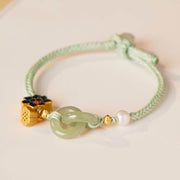 Buddha Stones Hetian Jade Lotus Peace Buckle Braided Rope Fortune Bracelet