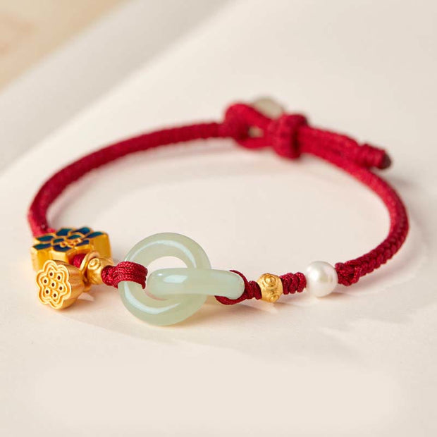 Buddha Stones Hetian Jade Lotus Peace Buckle Braided Rope Fortune Bracelet