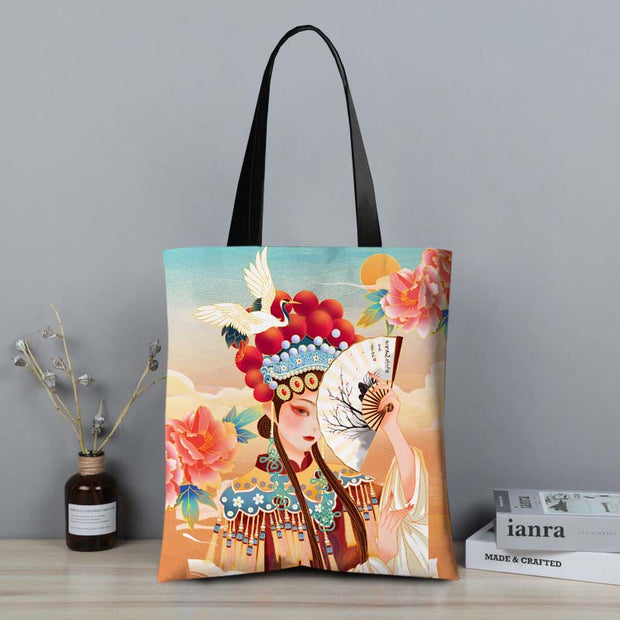 Buddha Stones Crane Peony Chinese Character Hua Dan Canvas Zipper Shoulder Bag Shoulder Bag BS Chinese Character Hua Dan Fan 31*35 cm